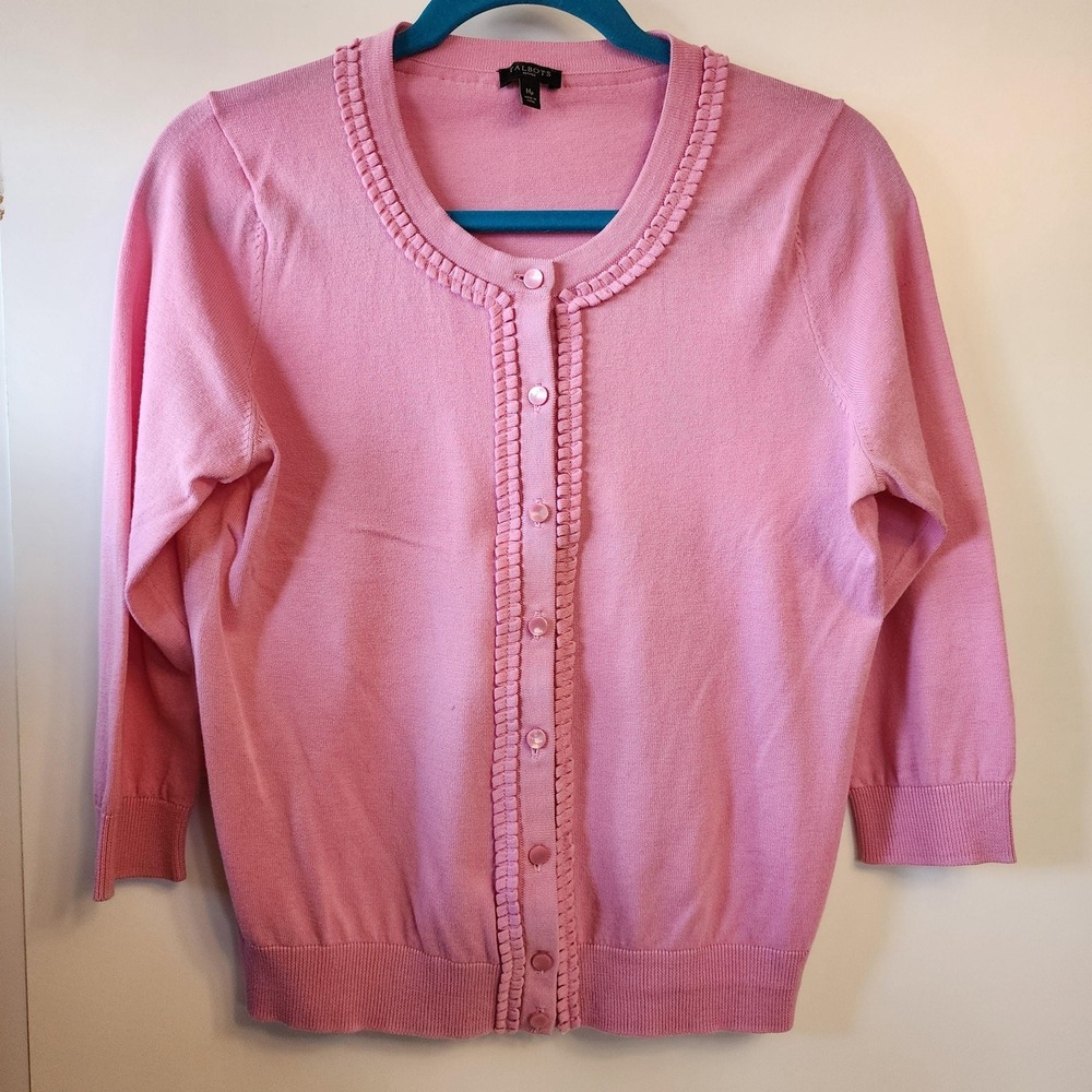 M Spring Pink Ruffle Cardigsn by Talbots, Size Medium Petite, Whimsical Cardigan